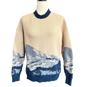 Aelfric Eden Sweater Knit Cream Blue Pattern Pullover Top Size Medium